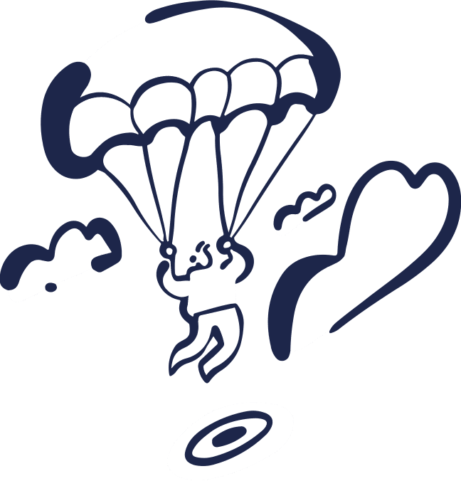 Illustration of a skydiver descending with a parachute towards a target on the ground.