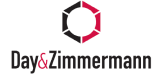 Logo of day & zimmermann featuring a red and black geometric symbol next to the company name in gray text.