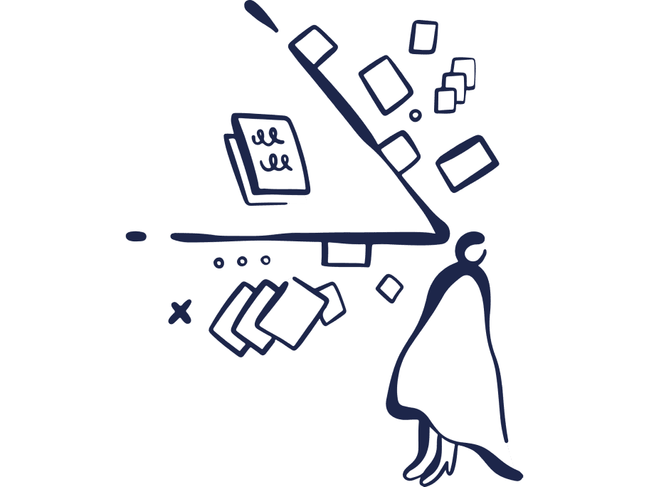 A stylized graphic of a person under a cloak studying floating books and papers with mathematical symbols around.